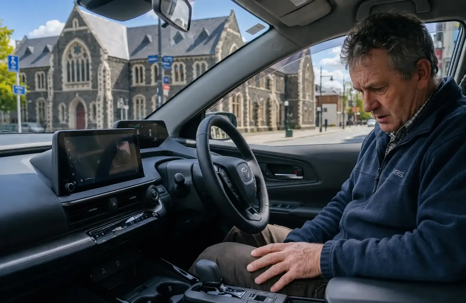 Taxi driver sitting in his parked car, looking down with a hand resting on his knee
