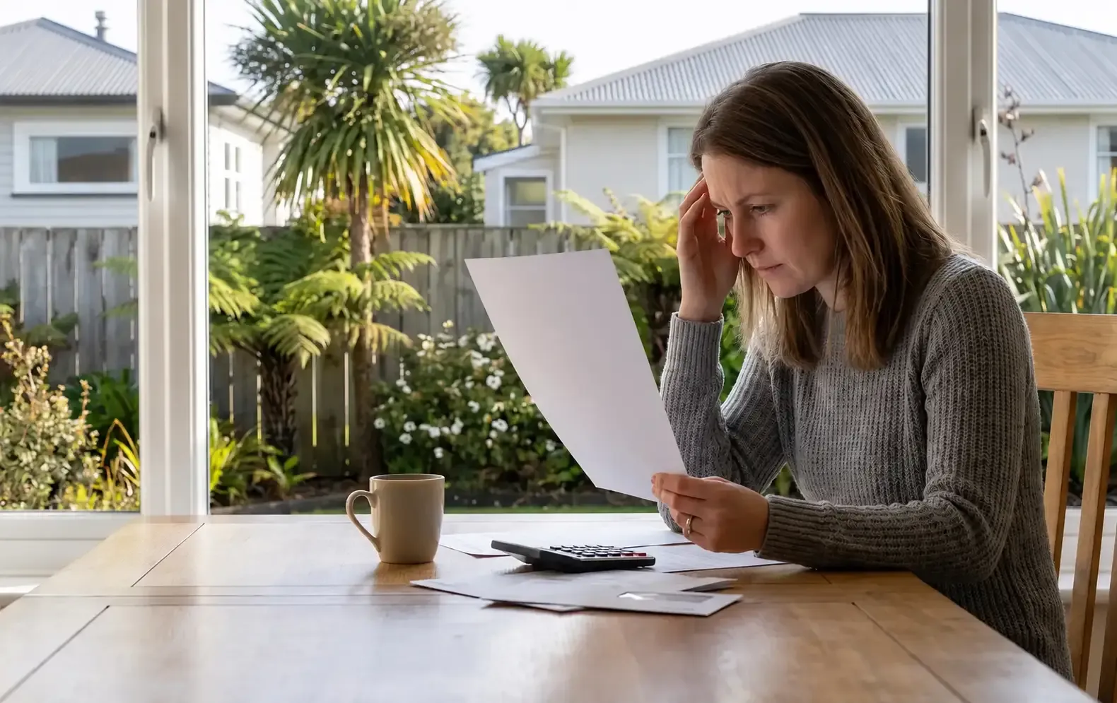 Woman sitting at her dining table with a calculator, frowning at an insurance renewal letter
