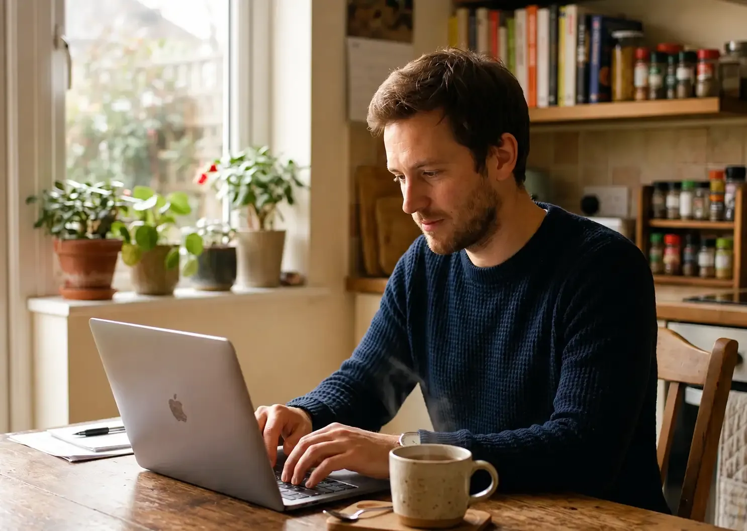 Man sitting at his kitchen table, working through an insurance application on his laptop